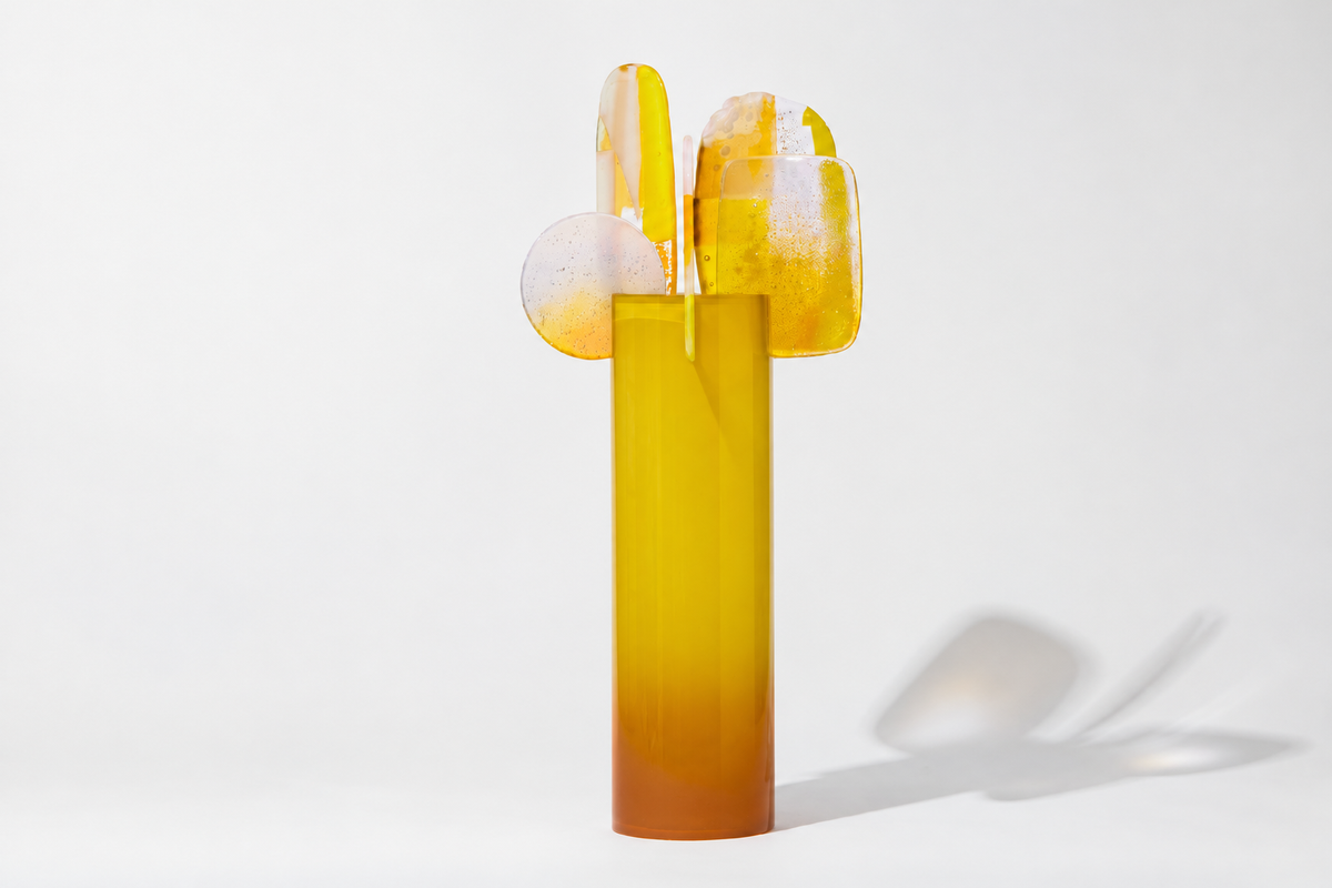 Yellow Hibiscus by Amy Cushing, amber-yellow glass sculpture with translucent kiln-formed finials.