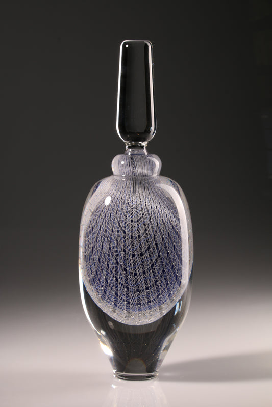 Peter Bowles, Lines of Inquiry: White Filligree, glass stoppered bottle with fine white cane work.