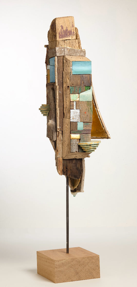 Triton Totem by Rachel Maxi, found wood totem with beach glass and gold leaf