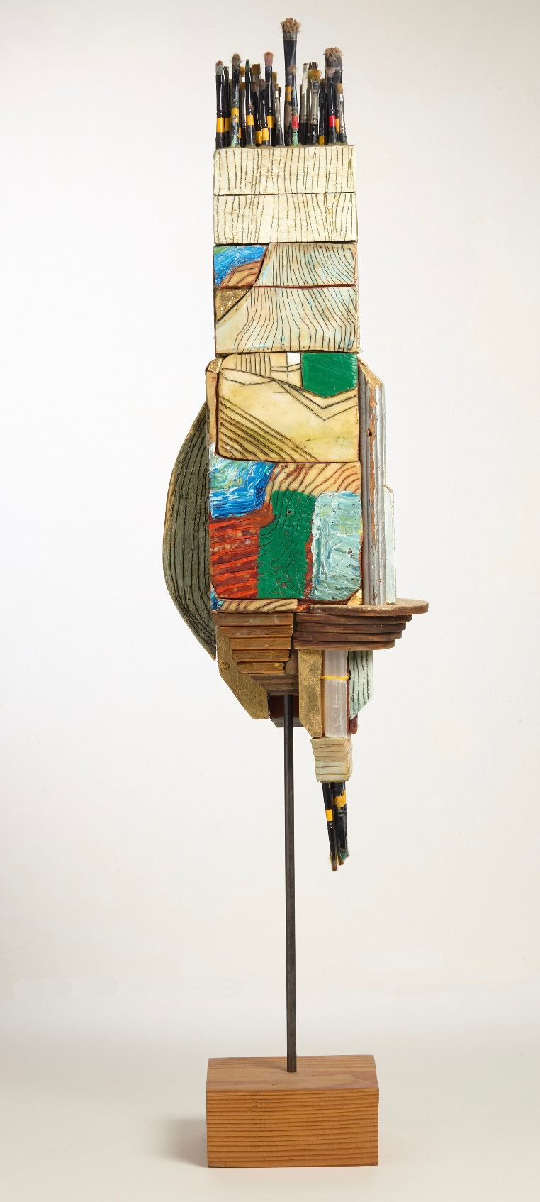 Painter Totem by Rachel Maxi, painted wood totem topped with paint brushes, front view