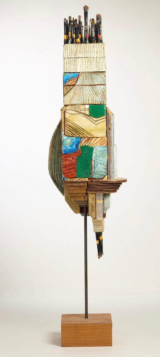 Painter Totem by Rachel Maxi, painted wood totem topped with paint brushes, front view