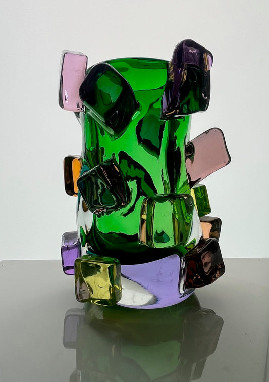 Superchunk: Spring Green by Andi Kovel, green glass vessel with colored glass chunks