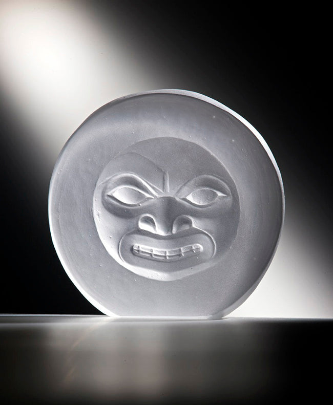 Moon Mask by Preston Singletary, round frosted cast glass with a Tlingit-style moon face