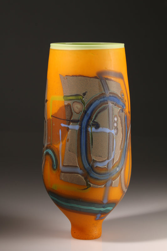 Anne Clifton, Vetrograph: Jarrahdale, tangerine glass vessel with layered abstract inclusions.