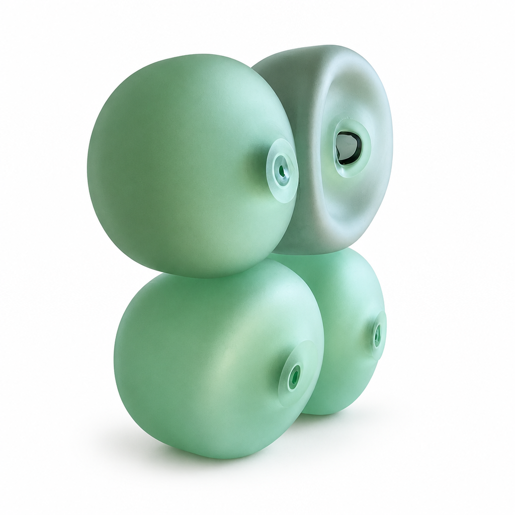 Braced by Andi Kovel, four fused mint green glass vessels