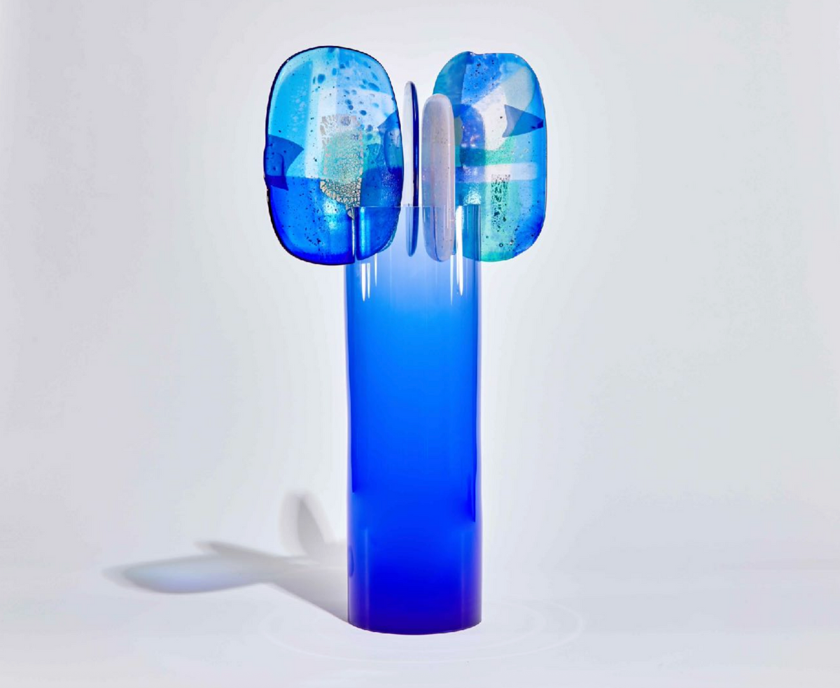 Cobalt by Amy Cushing, full view of blue glass sculpture with layered kiln-formed finials.