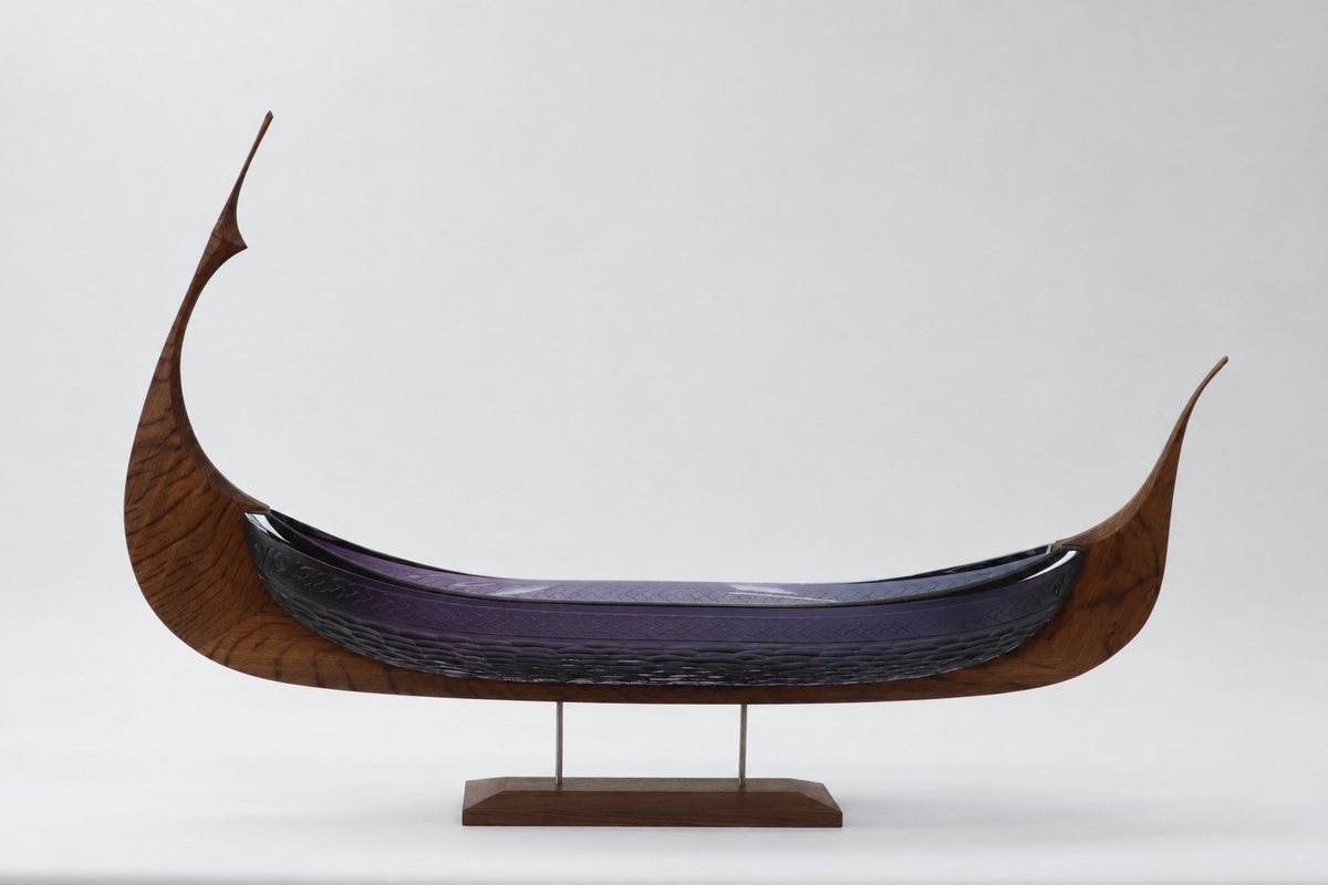 Vidar's Revenge, violet glass and oak Viking ship sculpture, side view