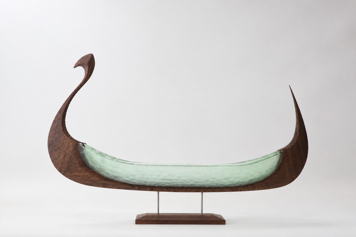 Apple (Anniversary Piece), green glass and oak Viking ship sculpture, side view
