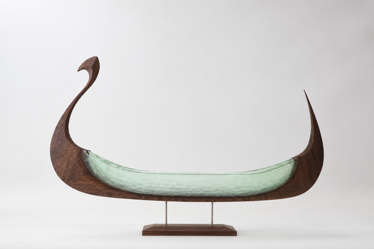 Apple (Anniversary Piece), green glass and oak Viking ship sculpture, side view