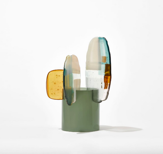 Jade by Amy Cushing, muted green glass sculpture with translucent aqua and amber kiln-formed finials.