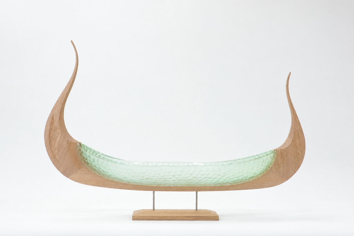 Balder, sea-green glass and light oak Viking ship sculpture, side view