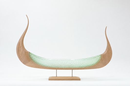 Balder, sea-green glass and light oak Viking ship sculpture, side view