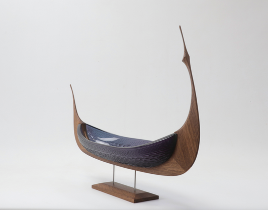 Vidar's Revenge, violet glass and oak Viking ship sculpture, angled view