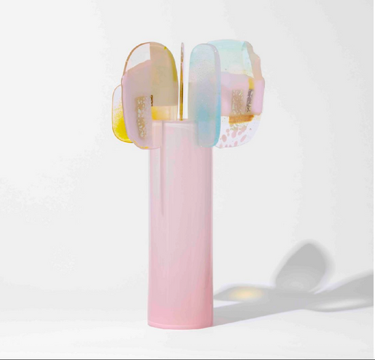 Pink Hibiscus by Amy Cushing, pink glass sculpture with translucent pastel kiln-formed finials.