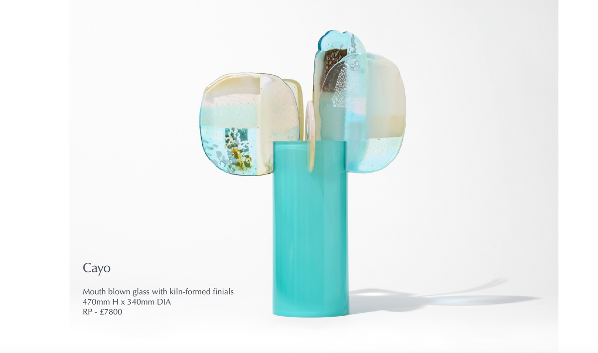 Cayo by Amy Cushing, turquoise glass sculpture with translucent kiln-formed finials.